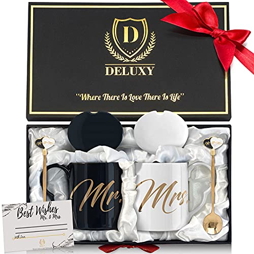 DELUXY Mr and Mrs Coffee Mugs Set- Perfect Bridal Shower Gifts For Bride, Wedding Gifts For Couple 2021, Engagement Gifts, Valentines Gift For Couple, Mr and Mrs Gifts, Newlywed Gift, Bride and Groom