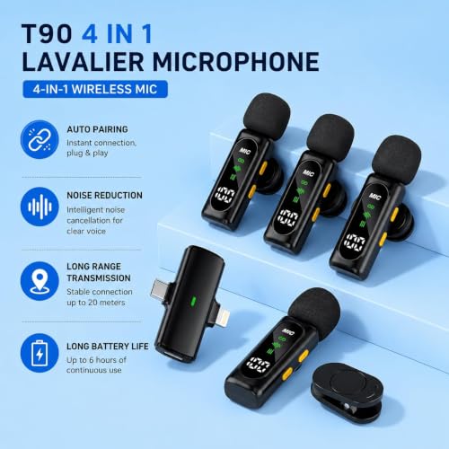 Image of T90 Wireless Lavalier Microphone 1-to-4 (4 Mic) 2.4G Compatible with iPhone Android Type-C | Noise Cancelling | Reverb Sound | Long Battery | Vlog Interview Live Stream Recording