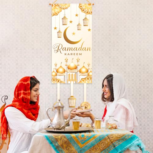 Eid Mubarak Ramadan Decoração de porta suspensa para casa ao ar livre - Lanterna de lua dourada bran