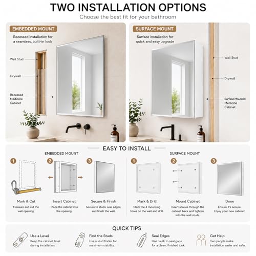 Image of 16x20 Plastic Medicine Cabinet with Mirror, Recessed or Surface Mount
