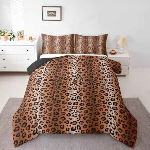 Image of Feelyou Kids Leopard Comforter for Kids Boys Girls Black Brown Bedding Set Toddler Size Cheetah Print Comforter Set Leopard Stripes Duvet Set 2Pcs