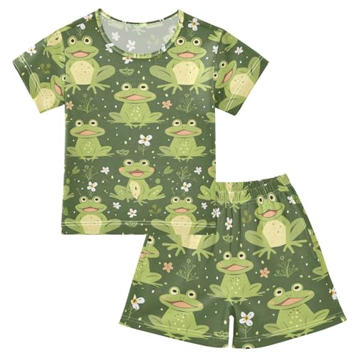 ALAZA Frog Green Flower Floral Pajamas Short Sleeve 2 Piece Sleepwear Top and Bottom Pajama Set Unisex