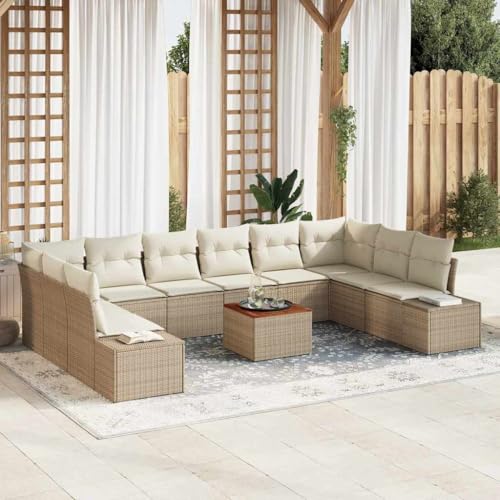 QJBSAVVA Gartenmöbel Set 11-TLG Beige Weiß Polyrattan Akazienholz 10...