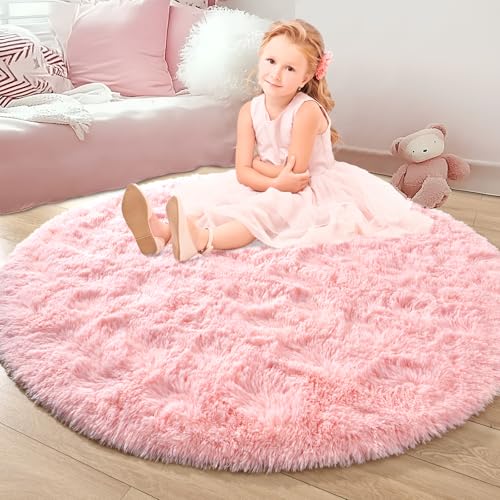 Image of junovo Pink Round Rug 4x4 Feet Fluffy Soft Area Rugs for Kids Girls Room Princess Castle Plush Shaggy Carpet Cute Circle Nursery Rug for Girls Bedroom Baby Home Decor Circular Carpet