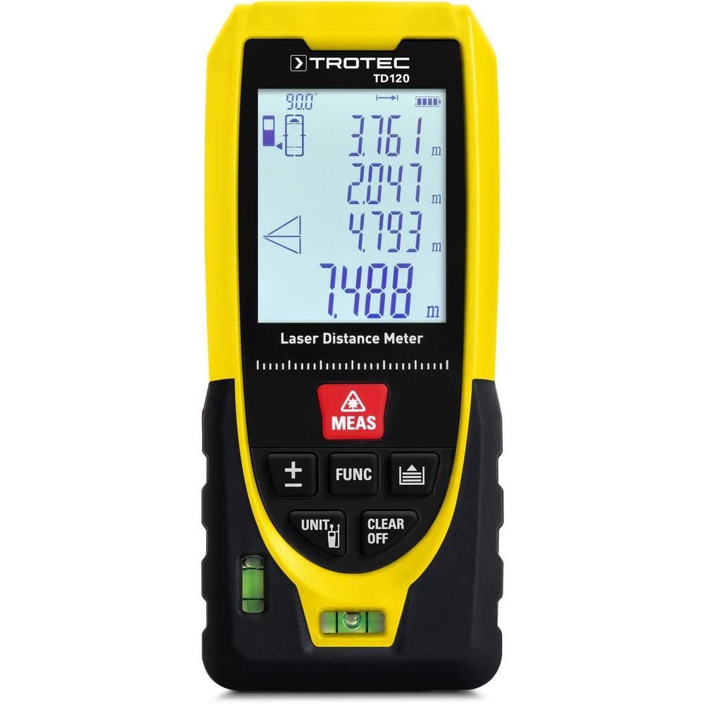 TROTEC Telémetro láser TD120 Rango de medición de distancias 120 m, Funciones Pitágoras, 99 Conjuntos de Datos (áreas rectangulares/cálculo de Volumen, IP54)