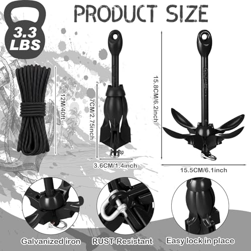 Image of MorningRo 1 Pack 1.5 /3.5 lb Marine Kayak Anchor Kit with 40ft Rope and Buoy Folding Grapnel Boat Anchor Kit Kayak Fishing Accessories for Small Boats, Canoe, SUP Paddle Boards