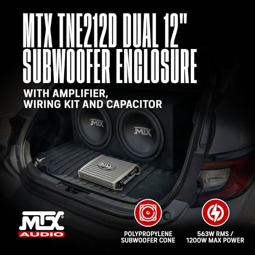 MTX Dual 12 Inch Car Subwoofer Box with Amplifier 1200W Max Power Audio System Kit - Loaded Enclosure Bass Stereo Sound, 2 Ohm Sub Speakers with 1500W Mono Amp, Capacitor, and Wiring Package - Thumbnail 4