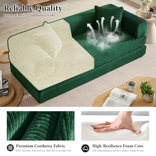 Image of Boneless Couch Futon Sofa Bed Sectional Couches for Living Room,Cloud Couch with Sleeper Sofa,Sofas for Living Room Oversized Corduroy Upholstered (Green, 76 Inches (No Iron Frame))