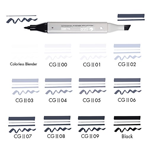 Dual Tip Grayscale Markers Pens - Permanent Sketch Cool Grey Tones Art Paints Pen for Illustration, Drawing, Outlining, Shading, Design, Rendering - Set of 12 Colors Includes Colorless Blender