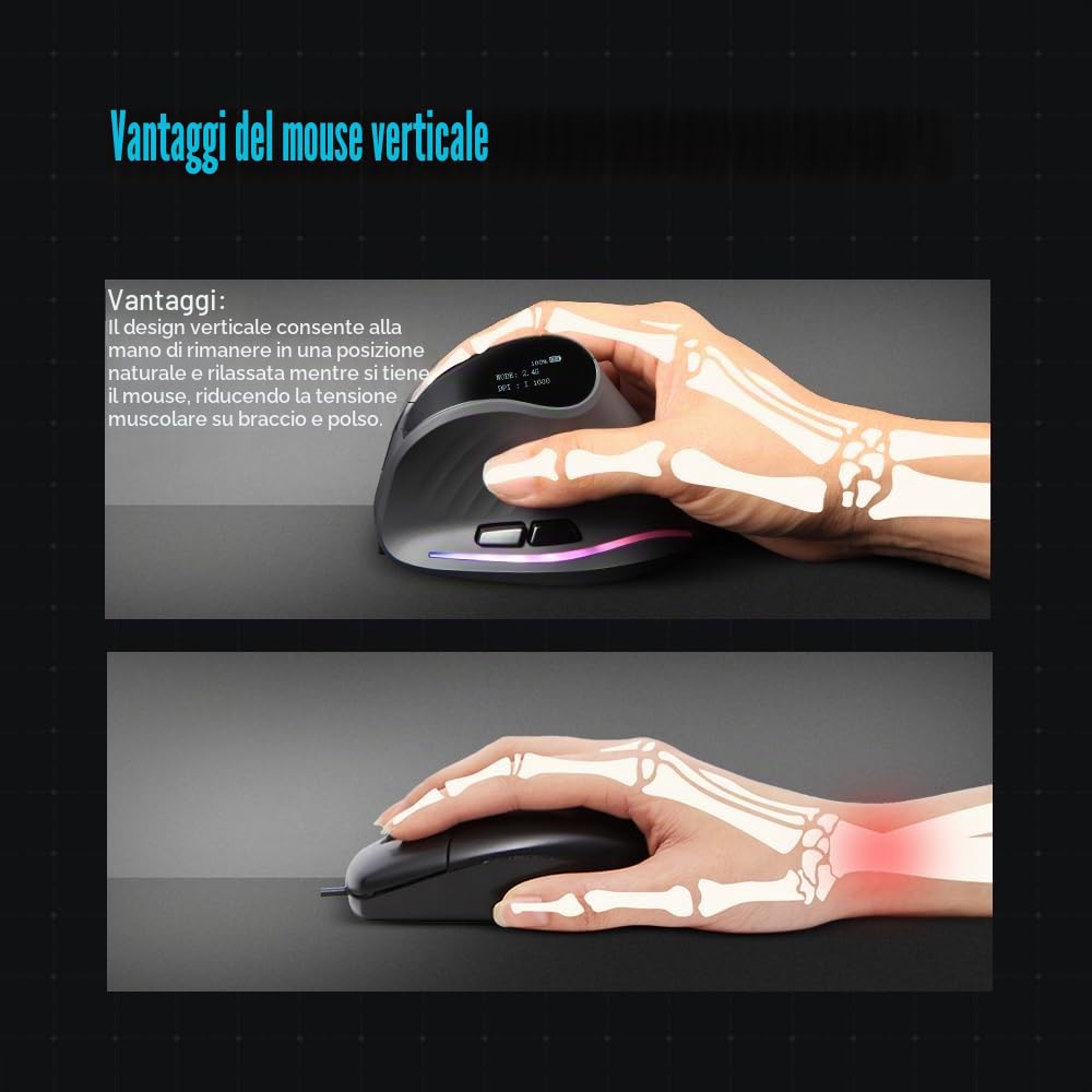 zelotes Mouse Bluetooth Wireless con Display,Ricaricabili,4000DPI,BT 5.0/3.0 + 2.4G,7 Pulsanti,RGB,Mouse Ergonomico Verticale Senza Fili per PC,Laptop,Tablets,Nero