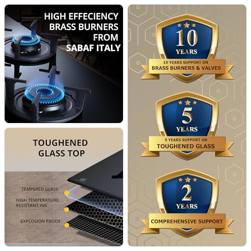 Image of Elica 70cm 4 Burner Auto Ignition Hob | RG FLEXI 470 LOTUS IND HD BRASS | SABAF Brass Burners | Built-in & Freestanding | Toughened Black Glass | 10-Year Burner & 5-Year Glass Warranty