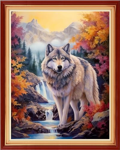 Image of Dimensean Stamped Cross Stitch Kits Full Range of Embroidery Patterns Starter Kits for Beginners Adult DIY Cross Stitches Needlepoint Kits 11CT-Wolf Falls 16x20 inch