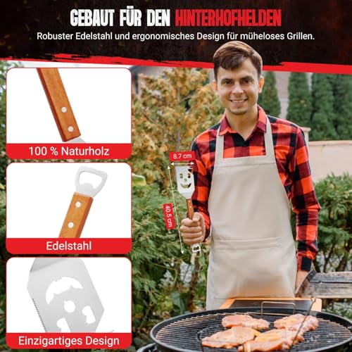 ENGRUPPE 7-in-1 BBQ Wender Grillbesteck Edelstahl mit Holzgriff – Multifunktionales Grillspachtel mit Flaschenöffner, Schaberkante & Designausschnitt Männer & Vatertag