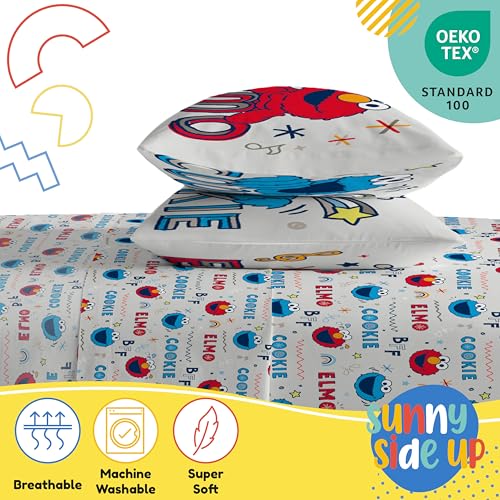 Image of Sunny Side Up Sesame Street Full Sheet Set - 4 Piece Kids Bedding Set Includes Pillow Cover - Super Soft Microfiber Sheets with Elmo, Cookie Monster and Big Bird