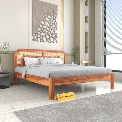 Image of Sheesham Wood Cane Bed Without Storage for Bedroom | Queen Size Wooden Double Bed Palang with Curved Rattan Headboard (Honey Finish)