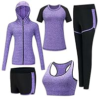 ZETIY Damen Traingsanzug Yoga Kleidung Anzug 5er-Set Sportanzüge Jogginganzug Gym Fitness Kleidung Laufbekleidung Sportswear Sport Yoga Outfit Damen BH Leggings Set - Violett - M