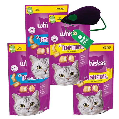 Cat Treats Bundle: 4 x 60g Whiskas Temptations Cat Treats (2 x Chicken and Cheese, 2 x Salmon Flavour) Bundle with Stelr Pets Catnip Toy Mouse
