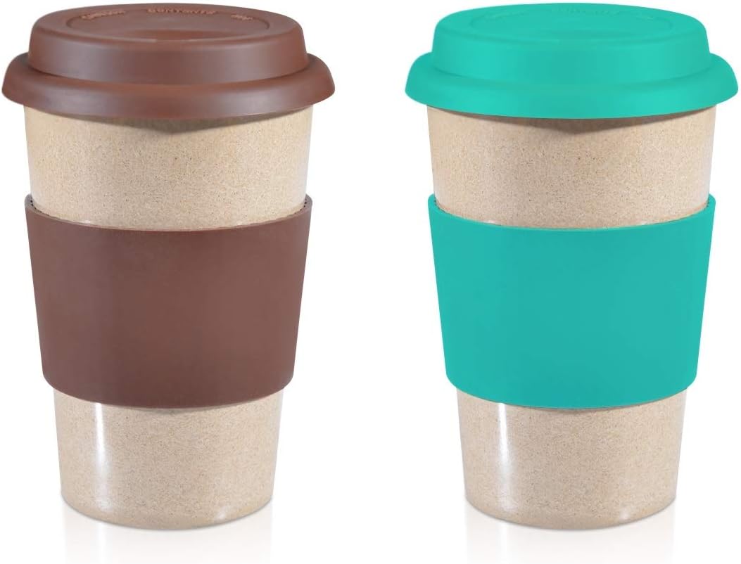14oz ValuePack Sea Green + Brown 100% Organic EcoFriendly Reusable Travel Mug, To Go Takeaway Coffee Cup, Biodegradable Material FDA Approved BPA Free, Leak Proof Silicone Lid & Heat Resistant Grip