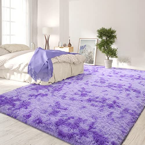 Flydoit Purple Tie-Dyed Large Rugs For Living Room, 4X6 Feet Shaggy Rug Fluffy Throw Carpets, Ultra Soft Plush Modern Indoor Fuzzy Rugs For Bedroom Girls Kids Nursery Room Dorm Home Decor #TOP2