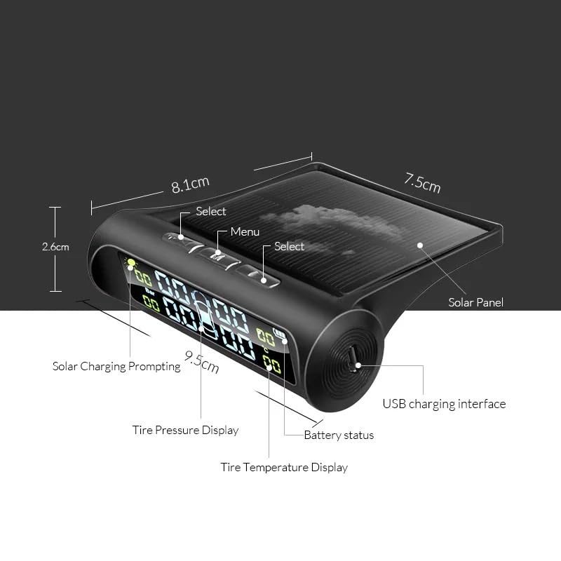Tpms Sistema di monitoraggio della pressione degli pneumatici for auto a energia solare Sistemi di allarme di sicurezza for auto Avviso di temperatura della pressione degli pneumatici Pressione Pneuma