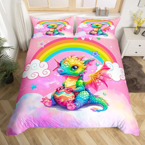 Loussiesd Kids Dragon Duvet Cover Double Size Cartoon Dragon Egg Print Bedding Set Rainbow Comforter Cover Set Pink Nebula Bedspread Cover Mysterious Outer Space Quilt Set including 2 Pillow Case 3PCS