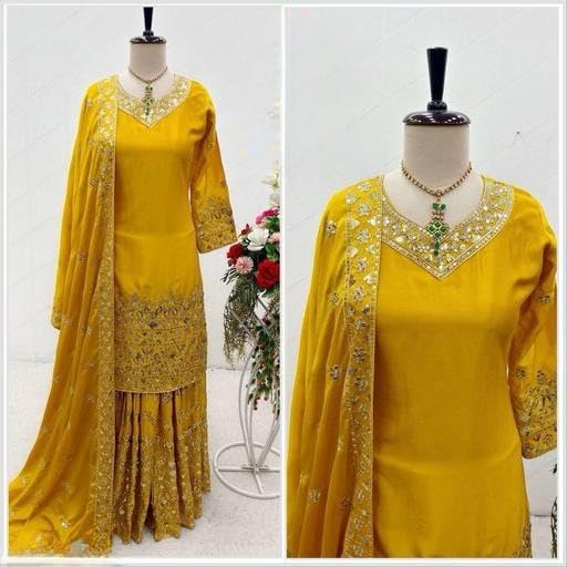Image of Anvri Textiles Yellow Embroidered Kurta Sharara Set for Women - V-Neck, 3 /4th Sleeves, Knee-Length Kurta with Matching Dupatta - Festive & Haldi Perfect
