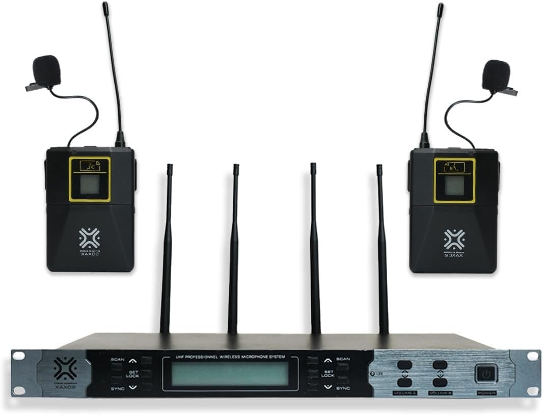 XAX02B UHF Dual Channel Professional Wireless Microphone System with Bodypack & Lapel Mic for Speech, Stage Events, and Anchoring