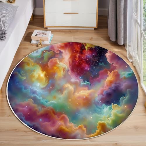 Tapis rond nébuleuse arc-en-ciel 160 cm lavable et antidérapant