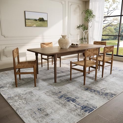 Washable Living Room Area Rugs: 9'x12' Large Area Rug Stain Resistant Distressed Abstract Rug Non Slip Low Pile Faux Wool Soft Area Rug for Bedroom Bedside Indoor Farmhouse Kids Playroom Dining Room