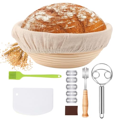 Bread Proofing Basket Set, 100% Natural Bread Banneton Proofing Basket, 10 inch Round Banneton Bowl with Dough Whisk Linen Liner Cloth Dough Scraper Silicone Brush Bread Lame & Blades for Home Bakers