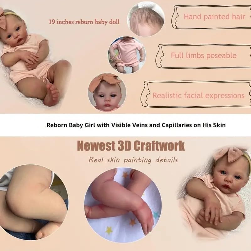 Miniatura 4 de iCradle Muñecas de bebé Reborn de 19 pulgadas, muñecas realistas de silicona para recién nacidos, muñecas de bebé lindas hechas a mano con ojos