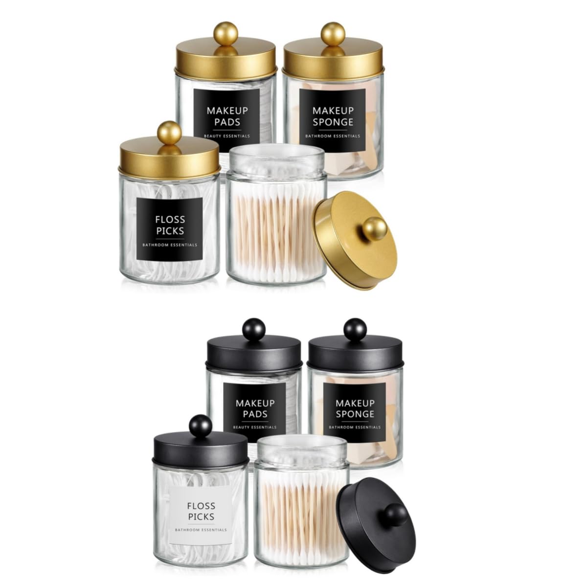 SheeChung Qtip Dispenser Holder Glass Apothecary Jars with Stainless Steel Lids Stickers Gold Black
