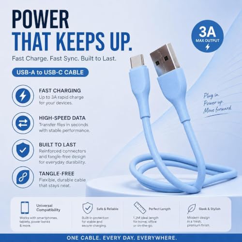 Image of Treziya USB-A to USB-C Cable, 3A Fast Charging & 480 Mbps High-Speed Data Transfer Cable, Durable Tangle-Free Type-C Charging Cable for Smartphones, Tablets & More, Blue