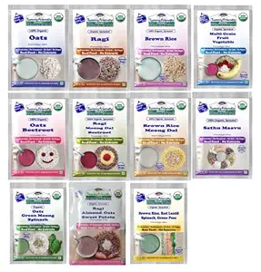 TummyFriendly Foods Certified Organic Sprouted Porridge Mixes | Made of Organic Sprouted Ragi Powder, Sprouted Whole-grains, Sprouted Pulses, Fruit, Vegetables and nuts For Little Ones | No Sugar, No Salt, No Milk, No Chemicals, No Pesticides & No GMO | Maximum Possible Nutrition From Real Food | Shelf-life 6 Month | Combo1n2n3 Trial Packs | 11 Baby Packs, 50g Each
