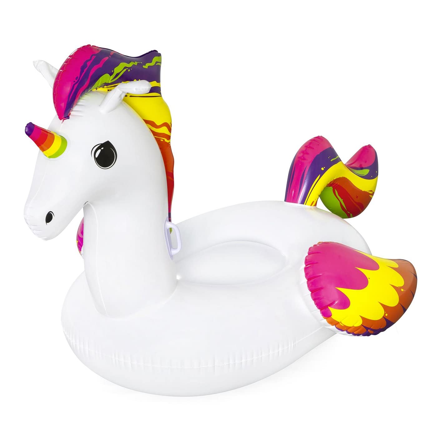 BESTWAY 41113 - Unicornio de Fantasía Hinchable 224x164 cm Para 1 Adulto Con Asas de Agarre Laterales Blanco con detalles Arcoíris Válvulas de Seguridad y Parche de Reparación