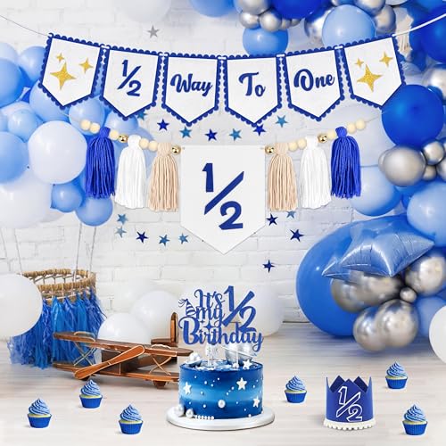 Image of 1 /2 Birthday Blue Half Birthday Decorations - Blue Star It's My 1 /2 Birth Banner, Glitter Cake Topper Tassel Wood Bead High Chair Banner & Crown, Hat Halfway to One Boy Girl Party Supplies