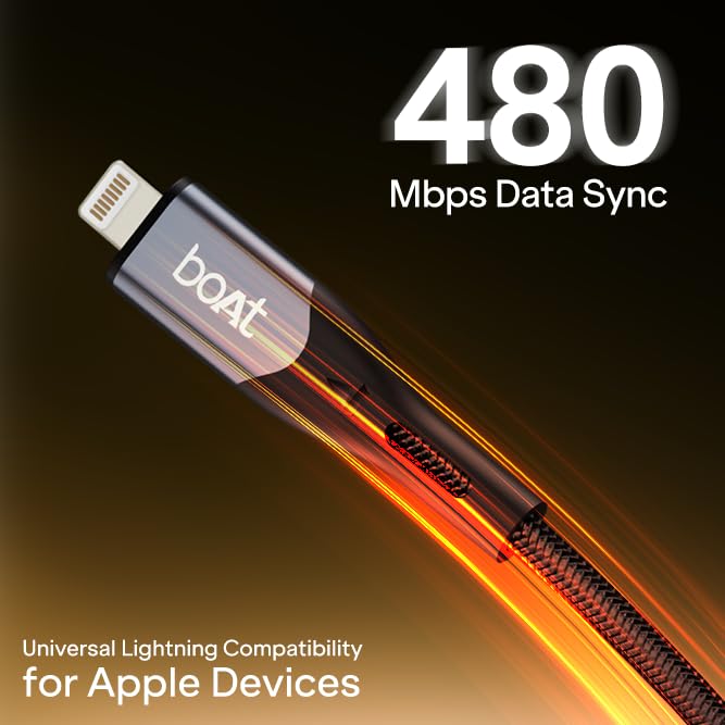 Image of boAt Type C to Lighting Cable for 27W Fast Charging | 480 Mbps Data Transfer | 1.2 m (3.9 ft) Perfect Cable Length | Premium Nylon Braiding | Durable & Tangle-Free | with Silicon Tie (Carbon Black)