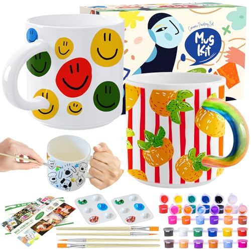 Roaxkois Keramik Bemalen Set - Kreatives Keramik Bastelset mit Farben, Pinseln und Anleitungen, Perfektes Tassen Bemalen Set für individuelle Geschenke und Freizeitgestaltung (Glatt) (Glatt)