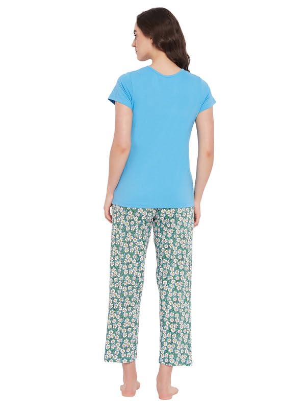 Image of Clovia Women's Cotton Printed Top & Pyjama Set - Blue