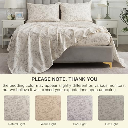 Image of Vintage Beige Floral Percale Sheets King Size, Deep Pocket, 4Pcs | 100% Cotton Neutral Flower Sheet Set, French Country Bordered Bed Sheets, Shabby Chic Toile Bedding, Cottage Core, Leaf Print