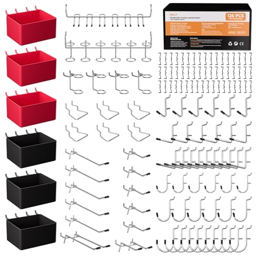INCLY 126PCS Peg Board Organizer Accessories Kit for Organizing Tools | Pegboard Hooks Assortment with 6 Bins, Fit 1/8 or 1/4 inch Pegboard, for Hanging Storage, Garage, Workbench, Craft Room