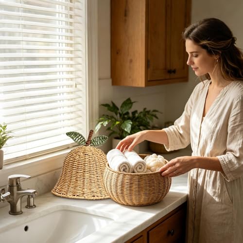 Cesta tejida a mano artesanal con tapa para decorar mesas de comedor y salones 3