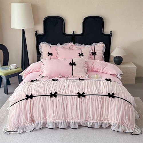Ruffle Beddding Set with Bowtie,Girls Lace Bedding,Pink Queen Comforter Cover Set...