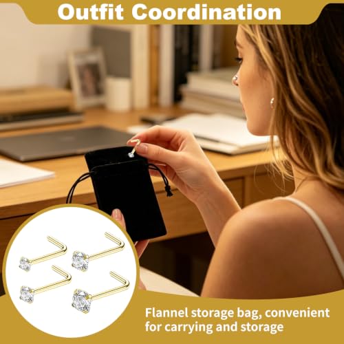 HAVIRI 12 Pièces Piercing Nez Acier Inoxydable Forme L, Lot de Bijoux de Corps avec Diamants de Tailles 1.5/2.0/2.5/3.0mm et Tige 7x0.8mm, Percing au Nez avec Pochette Velours pour Femmes Hommes (Or) – vue 5