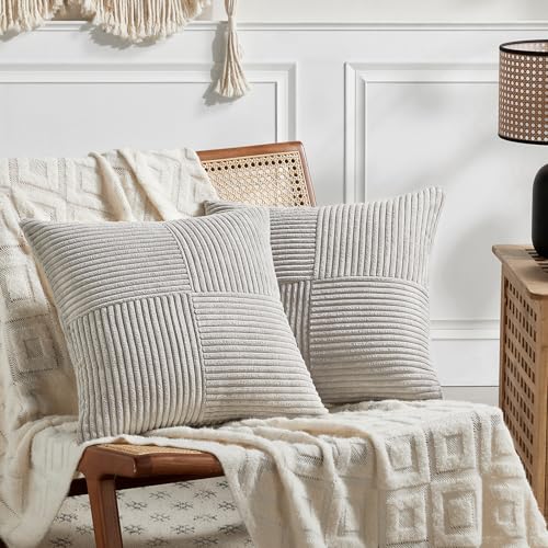 Image of Fancy Homi 2 Packs Neutral Grey Samll Decorative Throw Pillow Covers 12x12 Inch with for Couch Bed Sofa, Rustic Farmhouse Boho Home Decor, Soft Corss Patchwork Corduroy Square Cushion Case 30x30 cm