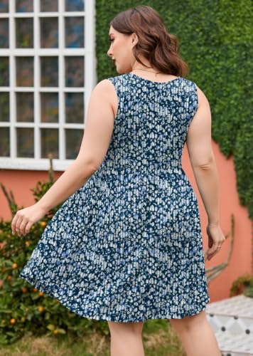Image of AusLook Plus Size Summer Tank Dress for Women Casual Sleeveless Crewneck Pleated Babydoll Swing Sundresses with Pockets 1X-5X