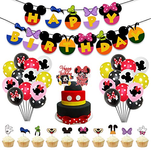 Mickey Mouse Birthday Party Decorations, Happy Birthday Banner and 24 pcs Mickey Theme Balloons, Cake Cupcake Toppers, Mickey Mouse Theme Party Supplies For Children's Birthday Party