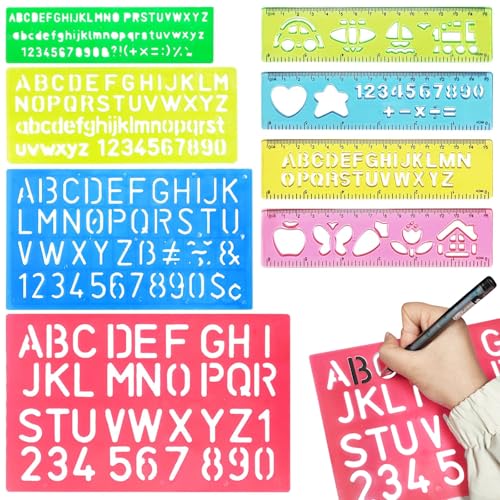 ZOCONE 8 Piezas Plantillas Letras Abecedario Plástico Plantilla Numeros Grandes y Pequeñas Dibujo Numeros y Letras Regla Escuela para Dibujar Pintar Alfabeto Graffiti