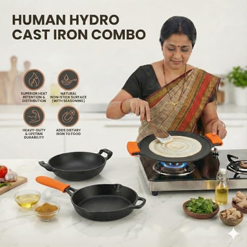 Image of Human Hydro Premium Deliq Range Pre-Seasoned Cast Iron Cookware Combo | Kadai 25cm, Tawa 30cm & Fry Pan 25cm with Silicone Grips | Naturally Non-Stick, Toxin-Free & Induction Compatible