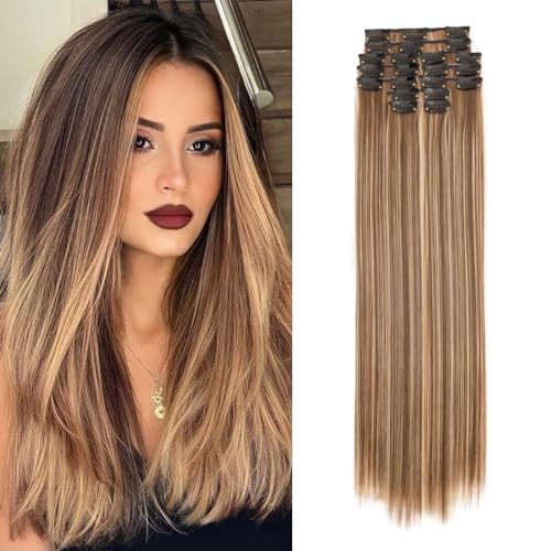S-Noilite 22 Inches Long Straight Hair Extensions Clip in Full Head 12PCS Hair Extensions Clip on Synthetic Fiber Hairpieces for Women - Honey Blonde Mixed Light Brown